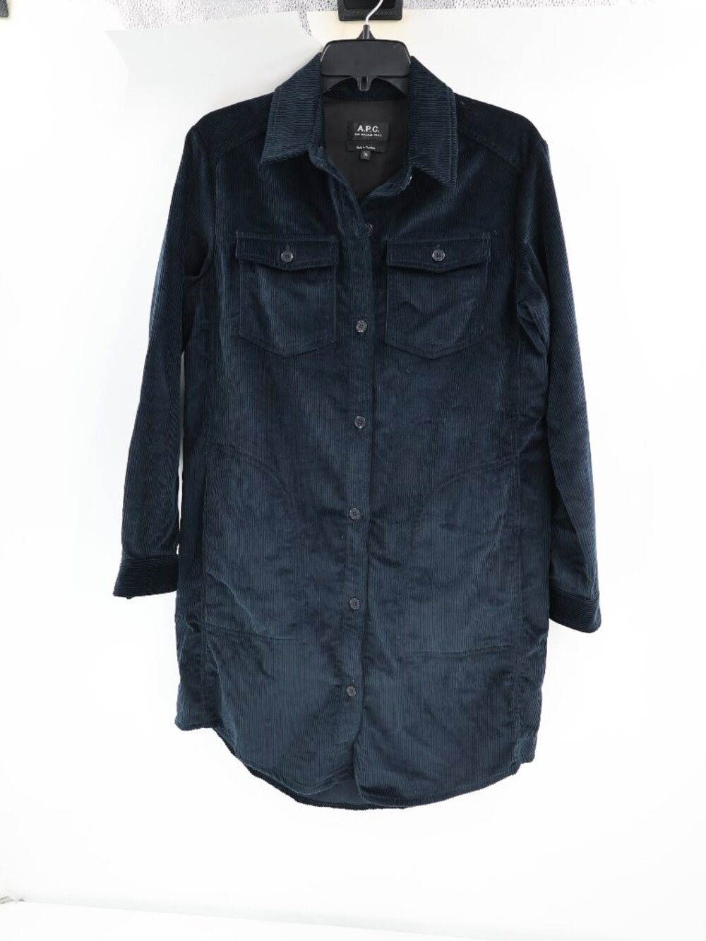 APC Shirt Dress Women 36 Corduroy Button Up Long Sleeve Pockets Blue collared